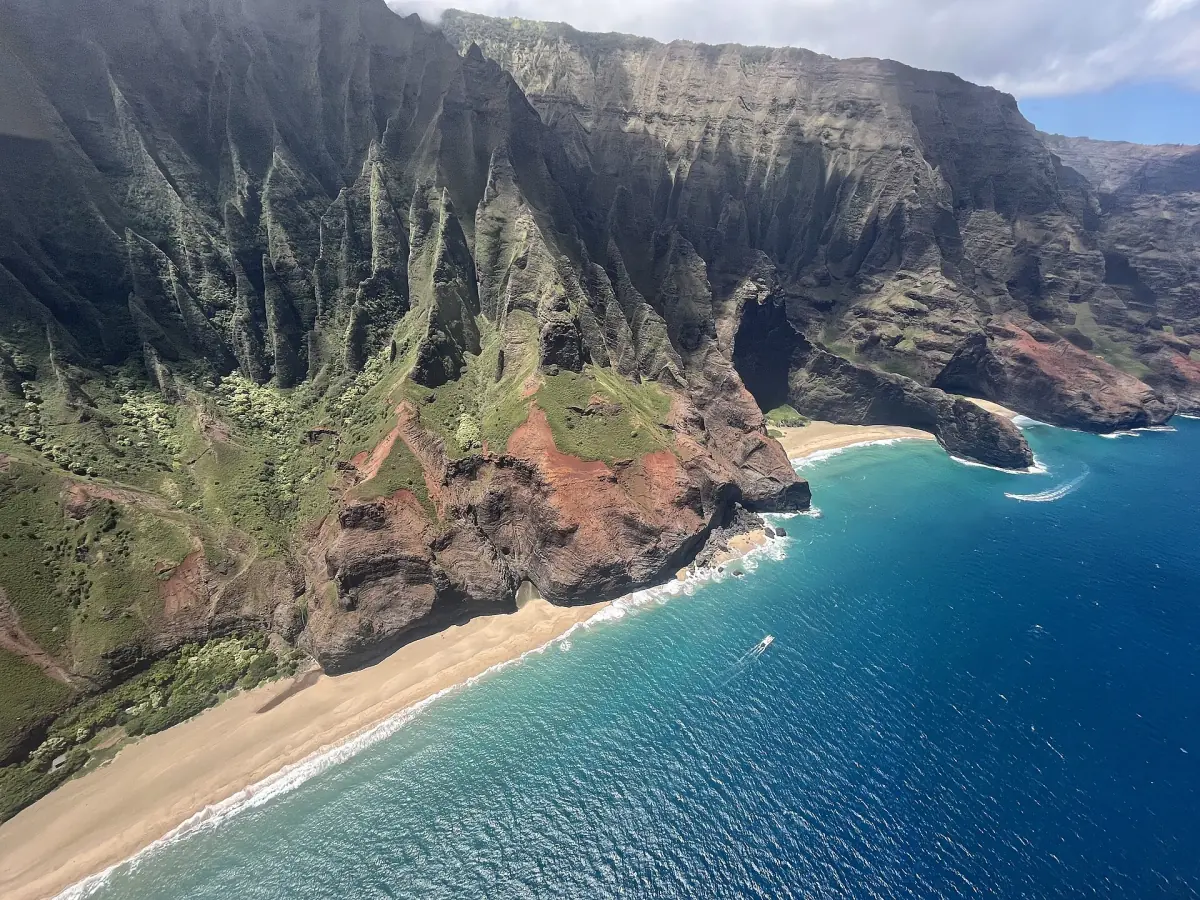 A Na Pali beach and cliffs from a helicopter